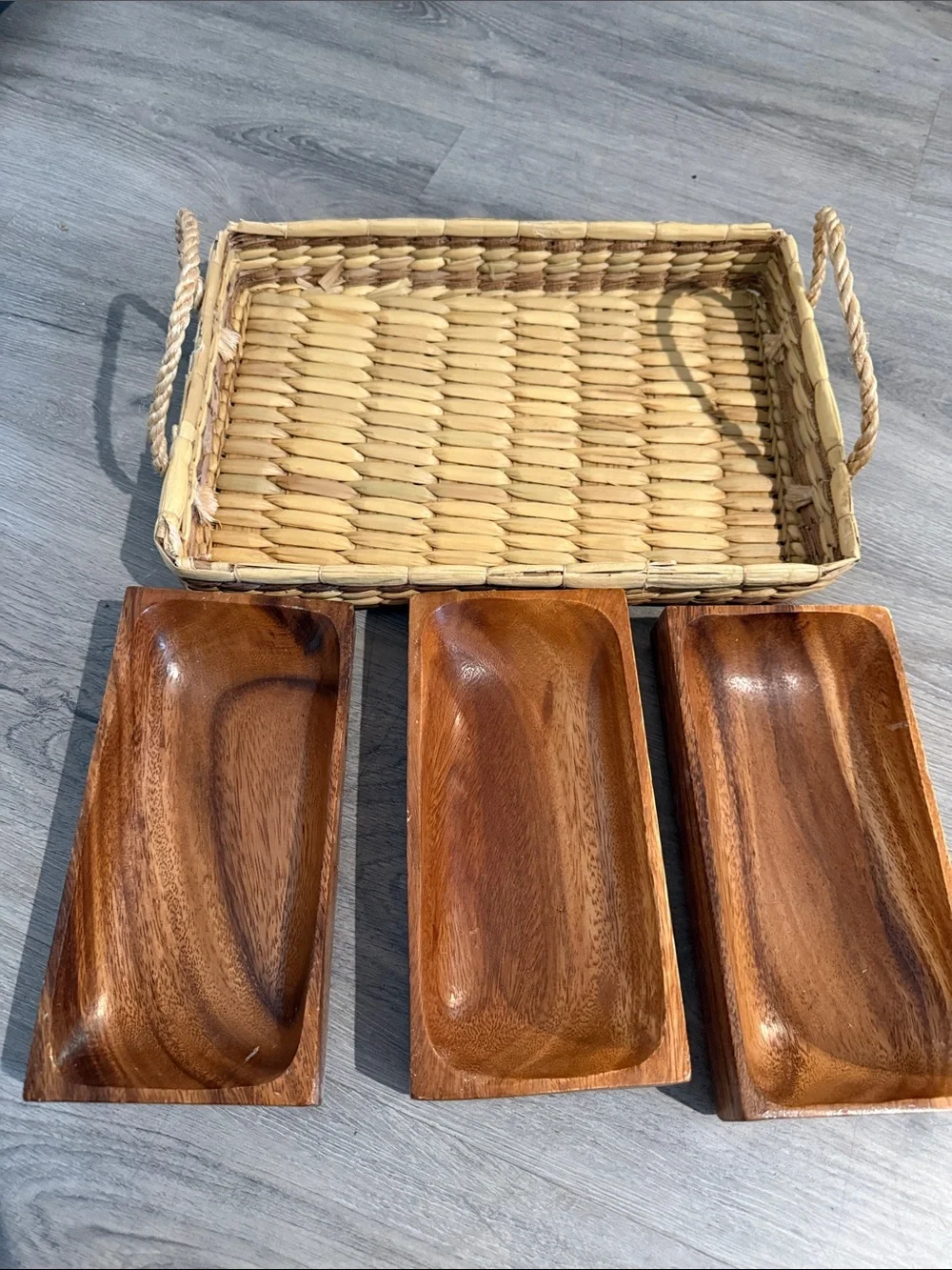 Vintage Teak Divided Serving Tray with Woven Basket & Rope Handles 💕